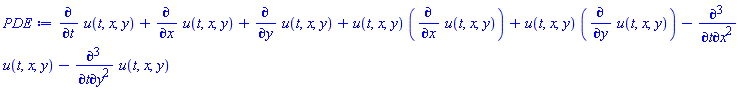 diff(u(t, x, y), t)+diff(u(t, x, y), x)+diff(u(t, x, y), y)+u(t, x, y)*(diff(u(t, x, y), x))+u(t, x, y)*(diff(u(t, x, y), y))-(diff(diff(diff(u(t, x, y), t), x), x))-(diff(diff(diff(u(t, x, y), t), y), y))