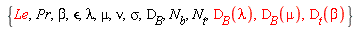 {Le, Pr, beta, lambda, mu, nu, sigma, `&epsilon;`, D[B], N[b], N[t], D[B](lambda), D[B](mu), D[t](beta)}