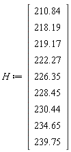 H := Vector(9, {(1) = 210.84, (2) = 218.19, (3) = 219.17, (4) = 222.27, (5) = 226.35, (6) = 228.45, (7) = 230.44, (8) = 234.65, (9) = 239.75})