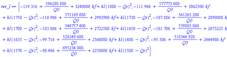 [-119.316+594280.800/Q0+3240000*kf+kl*(1800-Qs)^2, -111.966+577773.000/Q0+3062500*kf+kl*(1750-Qs)^2, -110.986+571169.880/Q0+2992900*kf+kl*(1730-Qs)^2, -107.886+561265.200/Q0+2890000*kf+kl*(1700-Qs)^2, -103.806+544757.400/Q0+2722500*kf+kl*(1650-Qs)^2, -101.706+539805.060/Q0+2673225*kf+kl*(1635-Qs)^2, -99.716+528249.600/Q0+2560000*kf+kl*(1600-Qs)^2, -95.506+518344.920/Q0+2464900*kf+kl*(1570-Qs)^2, -90.406+495234.000/Q0+2250000*kf+kl*(1500-Qs)^2]