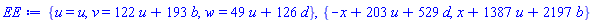 {u = u, v = 122*u+193*b, w = 49*u+126*d}, {-x+203*u+529*d, x+1387*u+2197*b}