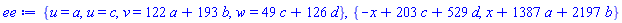 {u = a, u = c, v = 122*a+193*b, w = 49*c+126*d}, {-x+203*c+529*d, x+1387*a+2197*b}