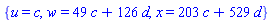 {u = c, w = 49*c+126*d, x = 203*c+529*d}