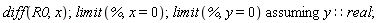 diff(R0, x); limit(%, x = 0); `assuming`([limit(%, y = 0)], [y::real])