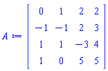 Matrix(4, 4, {(1, 1) = 0, (1, 2) = 1, (1, 3) = 2, (1, 4) = 2, (2, 1) = -1, (2, 2) = -1, (2, 3) = 2, (2, 4) = 3, (3, 1) = 1, (3, 2) = 1, (3, 3) = -3, (3, 4) = 4, (4, 1) = 1, (4, 2) = 0, (4, 3) = 5, (4, 4) = 5})