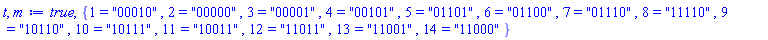 true, {1 = "00010", 2 = "00000", 3 = "00001", 4 = "00101", 5 = "01101", 6 = "01100", 7 = "01110", 8 = "11110", 9 = "10110", 10 = "10111", 11 = "10011", 12 = "11011", 13 = "11001", 14 = "11000"}
