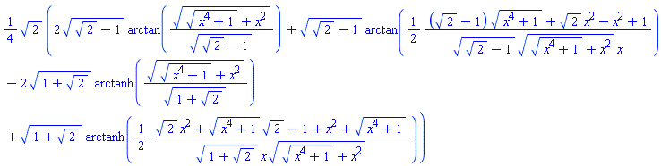 (1/4)*2^(1/2)*(2*(2^(1/2)-1)^(1/2)*arctan(((x^4+1)^(1/2)+x^2)^(1/2)/(2^(1/2)-1)^(1/2))+(2^(1/2)-1)^(1/2)*arctan((1/2)*((2^(1/2)-1)*(x^4+1)^(1/2)+2^(1/2)*x^2-x^2+1)/((2^(1/2)-1)^(1/2)*((x^4+1)^(1/2)+x^2)^(1/2)*x))-2*(1+2^(1/2))^(1/2)*arctanh(((x^4+1)^(1/2)+x^2)^(1/2)/(1+2^(1/2))^(1/2))+(1+2^(1/2))^(1/2)*arctanh((1/2)*(2^(1/2)*x^2+(x^4+1)^(1/2)*2^(1/2)-1+x^2+(x^4+1)^(1/2))/((1+2^(1/2))^(1/2)*x*((x^4+1)^(1/2)+x^2)^(1/2))))