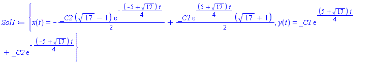 {x(t) = -(1/2)*_C2*(17^(1/2)-1)*exp(-(1/4)*(-5+17^(1/2))*t)+(1/2)*_C1*exp((1/4)*(5+17^(1/2))*t)*(17^(1/2)+1), y(t) = _C1*exp((1/4)*(5+17^(1/2))*t)+_C2*exp(-(1/4)*(-5+17^(1/2))*t)}