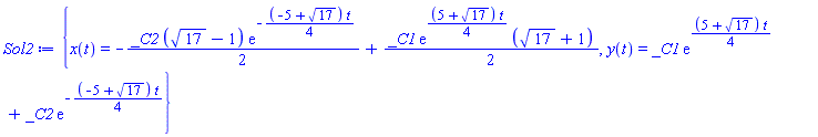 {x(t) = -(1/2)*_C2*(17^(1/2)-1)*exp(-(1/4)*(-5+17^(1/2))*t)+(1/2)*_C1*exp((1/4)*(5+17^(1/2))*t)*(17^(1/2)+1), y(t) = _C1*exp((1/4)*(5+17^(1/2))*t)+_C2*exp(-(1/4)*(-5+17^(1/2))*t)}