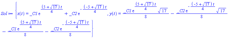 {x(t) = _C1*exp((1/4)*(5+17^(1/2))*t)+_C2*exp(-(1/4)*(-5+17^(1/2))*t), y(t) = (1/8)*_C1*exp((1/4)*(5+17^(1/2))*t)*17^(1/2)-(1/8)*_C2*exp(-(1/4)*(-5+17^(1/2))*t)*17^(1/2)-(1/8)*_C1*exp((1/4)*(5+17^(1/2))*t)-(1/8)*_C2*exp(-(1/4)*(-5+17^(1/2))*t)}