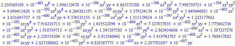 0.2259369109e-600*xx^6+0.1496133470e-597*xx^5*yy+0.4645575308e-595*xx^4*yy^2+0.7998759715e-593*xx^3*yy^3+0.9696415420e-591*xx^2*yy^4+0.6264381195e-589*xx*yy^5+0.3379234176e-587*yy^6+0.5849644085e-602*xx^5+0.3631645737e-599*xx^4*yy+0.9376535155e-597*xx^3*yy^2+0.1515139614e-594*xx^2*yy^3+0.1223177462e-592*xx*yy^4+0.7916210715e-591*yy^5+0.1419522894e-603*xx^4+0.7327837035e-601*xx^3*yy+0.1775662734e-598*xx^2*yy^2+0.1910714715e-596*xx*yy^3+0.1545397580e-594*yy^4+0.2863414606e-605*xx^3+0.1387337376e-602*xx^2*yy+0.2238559204e-600*xx*yy^2+0.2413560442e-598*yy^3+0.5419743765e-607*xx^2+0.1748457882e-604*xx*yy+0.2827108662e-602*yy^2+0.6828367775e-609*xx+0.2207703247e-606*yy