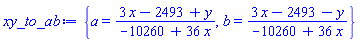 {a = (3*x-2493+y)/(-10260+36*x), b = (3*x-2493-y)/(-10260+36*x)}