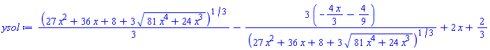 (1/3)*(27*x^2+36*x+8+3*(81*x^4+24*x^3)^(1/2))^(1/3)-3*(-(4/3)*x-4/9)/(27*x^2+36*x+8+3*(81*x^4+24*x^3)^(1/2))^(1/3)+2*x+2/3