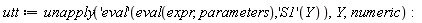 utt := unapply(('eval')(eval(expr, parameters), ('S1')(Y)), Y, numeric)