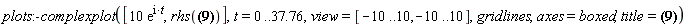 plots:-complexplot([10*exp(I*t), rhs(r__car = (1+(.2617993878*I)*t)*exp(-(.2617993878*I)*t))], t = 0 .. 37.76, view = [-10 .. 10, -10 .. 10], gridlines, axes = boxed, title = (r__car = (1+(.2617993878*I)*t)*exp(-(.2617993878*I)*t)))