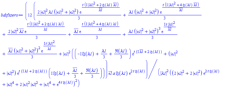 12*((2/3)*abs(epsilon2)^2*lambda1*(abs(epsilon1)^2+abs(epsilon2)^2)*exp(t*(I*abs(lambda1)^2+2*Im(lambda1)*conjugate(lambda1))/conjugate(lambda1))+(1/3)*lambda1*(abs(epsilon1)^2+abs(epsilon2)^2)*exp(t*(I*abs(lambda1)^2+4*Im(lambda1)*conjugate(lambda1))/conjugate(lambda1))+(2/3)*abs(epsilon2)^2*conjugate(lambda1)*exp(t*(I*abs(lambda1)^2+2*Im(lambda1)*lambda1)/lambda1)+(1/3)*conjugate(lambda1)*exp(t*(I*abs(lambda1)^2+4*Im(lambda1)*lambda1)/lambda1)+(1/3)*lambda1*(abs(epsilon1)^2+abs(epsilon2)^2)^3*exp(I*t*abs(lambda1)^2/conjugate(lambda1))+(1/3)*conjugate(lambda1)*(abs(epsilon1)^2+abs(epsilon2)^2)^2*exp(I*t*abs(lambda1)^2/lambda1)+abs(epsilon1)^2*((-I*Im(lambda1)+(1/3)*lambda1+(1/3)*Re(lambda1))*exp(t*(I*conjugate(lambda1)+2*Im(lambda1)))+(abs(epsilon1)^2+abs(epsilon2)^2)*exp(t*(I*lambda1+2*Im(lambda1)))*(I*Im(lambda1)+(1/3)*conjugate(lambda1)+(1/3)*Re(lambda1))))*conjugate(epsilon1)*a*Im(lambda1)*exp(2*t*Im(lambda1))/(abs(lambda1)^2*((2*abs(epsilon2)^2+2*abs(epsilon1)^2)*exp(2*t*Im(lambda1))+abs(epsilon2)^4+2*abs(epsilon1)^2*abs(epsilon2)^2+abs(epsilon1)^4+exp(4*t*Im(lambda1)))^2)