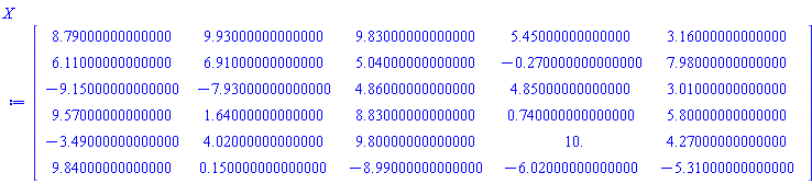 Matrix(6, 5, {(1, 1) = 8.79, (1, 2) = 9.93, (1, 3) = 9.83, (1, 4) = 5.45, (1, 5) = 3.16, (2, 1) = 6.11, (2, 2) = 6.91, (2, 3) = 5.04, (2, 4) = -.27, (2, 5) = 7.98, (3, 1) = -9.15, (3, 2) = -7.93, (3, 3) = 4.86, (3, 4) = 4.85, (3, 5) = 3.01, (4, 1) = 9.57, (4, 2) = 1.64, (4, 3) = 8.83, (4, 4) = .74, (4, 5) = 5.8, (5, 1) = -3.49, (5, 2) = 4.02, (5, 3) = 9.8, (5, 4) = 10.0, (5, 5) = 4.27, (6, 1) = 9.84, (6, 2) = .15, (6, 3) = -8.99, (6, 4) = -6.02, (6, 5) = -5.31})