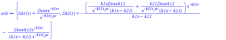 {SA1(t) = Dose*exp(-k1x*t)/exp(-k1x*t_ev), SA2(t) = -(-k1x*Dose*k12/(exp(-k21*t_ev)*(k1x-k21))+k21*Dose*k12/(exp(-k21*t_ev)*(k1x-k21)))*exp(-k21*t)/(k1x-k21)-Dose*k12*exp(-k1x*t)/((k1x-k21)*exp(-k1x*t_ev))}