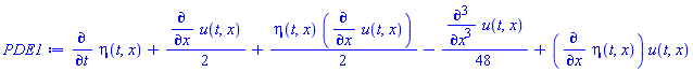 diff(eta(t, x), t)+(1/2)*(diff(u(t, x), x))+(1/2)*eta(t, x)*(diff(u(t, x), x))-(1/48)*(diff(diff(diff(u(t, x), x), x), x))+(diff(eta(t, x), x))*u(t, x)