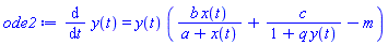 diff(y(t), t) = y(t)*(b*x(t)/(a+x(t))+c/(1+q*y(t))-m)