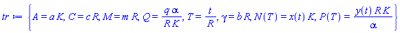 {A = a*K, C = c*R, M = m*R, Q = q*alpha/(R*K), T = t/R, gamma = b*R, N(T) = x(t)*K, P(T) = y(t)*R*K/alpha}