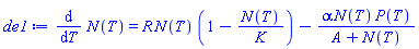 diff(N(T), T) = R*N(T)*(1-N(T)/K)-alpha*N(T)*P(T)/(A+N(T))