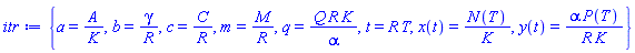 {a = A/K, b = gamma/R, c = C/R, m = M/R, q = Q*R*K/alpha, t = R*T, x(t) = N(T)/K, y(t) = alpha*P(T)/(R*K)}
