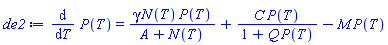diff(P(T), T) = gamma*N(T)*P(T)/(A+N(T))+C*P(T)/(1+Q*P(T))-M*P(T)