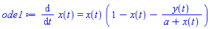 diff(x(t), t) = x(t)*(1-x(t)-y(t)/(a+x(t)))