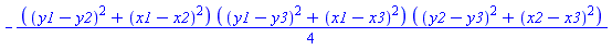 -(1/4)*((y1-y2)^2+(x1-x2)^2)*((y1-y3)^2+(x1-x3)^2)*((y2-y3)^2+(x2-x3)^2)