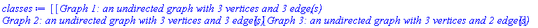 [[GRAPHLN(undirected, unweighted, [1, 2, 3], Array(1..3, {(1) = {2, 3}, (2) = {1, 3}, (3) = {1, 2}}), `GRAPHLN/table/1`, 0), GRAPHLN(undirected, unweighted, [a, b, c], Array(1..3, {(1) = {2, 3}, (2) = {1, 3}, (3) = {1, 2}}), `GRAPHLN/table/4`, 0)], [GRAPHLN(undirected, unweighted, [1, 2, 3], Array(1..3, {(1) = {2}, (2) = {1, 3}, (3) = {2}}), `GRAPHLN/table/3`, 0)]]