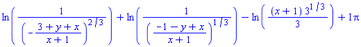 ln(1/(-(3+y+x)/(x+1))^(2/3))+ln(1/((-1-y+x)/(x+1))^(1/3))-ln((1/3)*(x+1)*3^(1/3))+I*Pi