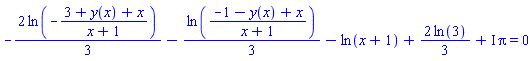 -(2/3)*ln(-(3+y(x)+x)/(x+1))-(1/3)*ln((-1-y(x)+x)/(x+1))-ln(x+1)+(2/3)*ln(3)+I*Pi = 0