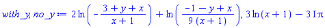 2*ln(-(3+y+x)/(x+1))+ln((1/9)*(-1-y+x)/(x+1)), 3*ln(x+1)-(3*I)*Pi