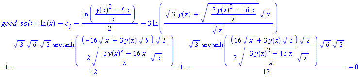 ln(x)-c__1-(1/2)*ln((y(x)^2-6*x)/x)-3*ln((3^(1/2)*y(x)+((3*y(x)^2-16*x)/x)^(1/2)*x^(1/2))/x^(1/2))+(1/12)*3^(1/2)*6^(1/2)*2^(1/2)*arctanh((1/2)*(-16*x^(1/2)+3*y(x)*6^(1/2))*2^(1/2)/(((3*y(x)^2-16*x)/x)^(1/2)*x^(1/2)))+(1/12)*3^(1/2)*arctanh((1/2)*(16*x^(1/2)+3*y(x)*6^(1/2))*2^(1/2)/(((3*y(x)^2-16*x)/x)^(1/2)*x^(1/2)))*6^(1/2)*2^(1/2) = 0