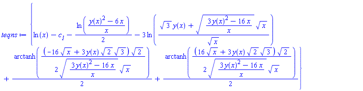 {ln(x)-c__1-(1/2)*ln((y(x)^2-6*x)/x)-3*ln((3^(1/2)*y(x)+((3*y(x)^2-16*x)/x)^(1/2)*x^(1/2))/x^(1/2))+(1/2)*arctanh((1/2)*(-16*x^(1/2)+3*y(x)*2^(1/2)*3^(1/2))*2^(1/2)/(((3*y(x)^2-16*x)/x)^(1/2)*x^(1/2)))+(1/2)*arctanh((1/2)*(16*x^(1/2)+3*y(x)*2^(1/2)*3^(1/2))*2^(1/2)/(((3*y(x)^2-16*x)/x)^(1/2)*x^(1/2)))}