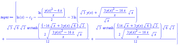 {ln(x)-c__1-(1/2)*ln((y(x)^2-6*x)/x)-3*ln((3^(1/2)*y(x)+((3*y(x)^2-16*x)/x)^(1/2)*x^(1/2))/x^(1/2))+(1/12)*3^(1/2)*6^(1/2)*2^(1/2)*arctanh((1/2)*(-16*x^(1/2)+3*y(x)*6^(1/2))*2^(1/2)/(((3*y(x)^2-16*x)/x)^(1/2)*x^(1/2)))+(1/12)*3^(1/2)*arctanh((1/2)*(16*x^(1/2)+3*y(x)*6^(1/2))*2^(1/2)/(((3*y(x)^2-16*x)/x)^(1/2)*x^(1/2)))*6^(1/2)*2^(1/2)}