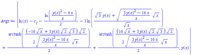 [ln(x)-c__1-(1/2)*ln((y(x)^2-6*x)/x)-3*ln((3^(1/2)*y(x)+((3*y(x)^2-16*x)/x)^(1/2)*x^(1/2))/x^(1/2))+(1/2)*arctanh((1/2)*(-16*x^(1/2)+3*y(x)*2^(1/2)*3^(1/2))*2^(1/2)/(((3*y(x)^2-16*x)/x)^(1/2)*x^(1/2)))+(1/2)*arctanh((1/2)*(16*x^(1/2)+3*y(x)*2^(1/2)*3^(1/2))*2^(1/2)/(((3*y(x)^2-16*x)/x)^(1/2)*x^(1/2))), y(x)]