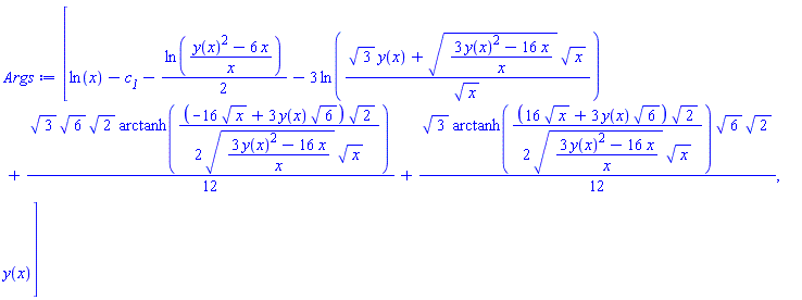 [ln(x)-c__1-(1/2)*ln((y(x)^2-6*x)/x)-3*ln((3^(1/2)*y(x)+((3*y(x)^2-16*x)/x)^(1/2)*x^(1/2))/x^(1/2))+(1/12)*3^(1/2)*6^(1/2)*2^(1/2)*arctanh((1/2)*(-16*x^(1/2)+3*y(x)*6^(1/2))*2^(1/2)/(((3*y(x)^2-16*x)/x)^(1/2)*x^(1/2)))+(1/12)*3^(1/2)*arctanh((1/2)*(16*x^(1/2)+3*y(x)*6^(1/2))*2^(1/2)/(((3*y(x)^2-16*x)/x)^(1/2)*x^(1/2)))*6^(1/2)*2^(1/2), y(x)]