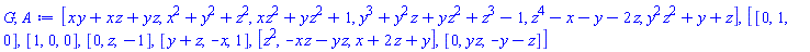 [x*y+x*z+y*z, x^2+y^2+z^2, x*z^2+y*z^2+1, y^3+y^2*z+y*z^2+z^3-1, z^4-x-y-2*z, y^2*z^2+y+z], [[0, 1, 0], [1, 0, 0], [0, z, -1], [y+z, -x, 1], [z^2, -x*z-y*z, x+2*z+y], [0, y*z, -y-z]]