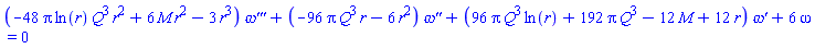 (-48*Pi*ln(r)*Q^3*r^2+6*M*r^2-3*r^3)*(diff(diff(diff(omega(r), r), r), r))+(-96*Pi*Q^3*r-6*r^2)*(diff(diff(omega(r), r), r))+(96*Pi*Q^3*ln(r)+192*Pi*Q^3-12*M+12*r)*(diff(omega(r), r))+6*omega(r) = 0