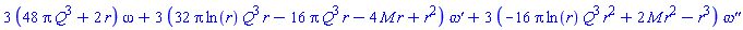 3*(48*Pi*Q^3+2*r)*omega(r)+3*(32*Pi*ln(r)*Q^3*r-16*Pi*Q^3*r-4*M*r+r^2)*(diff(omega(r), r))+3*(-16*Pi*ln(r)*Q^3*r^2+2*M*r^2-r^3)*(diff(diff(omega(r), r), r))