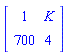Matrix(2, 2, {(1, 1) = 1, (1, 2) = K, (2, 1) = 700, (2, 2) = 4})