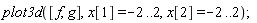 plot3d([f, g], x[1] = -2 .. 2, x[2] = -2 .. 2)