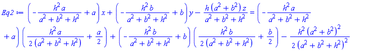 (-h^2*a/(a^2+b^2+h^2)+a)*x+(-h^2*b/(a^2+b^2+h^2)+b)*y-h*(a^2+b^2)*z/(a^2+b^2+h^2) = (-h^2*a/(a^2+b^2+h^2)+a)*((1/2)*h^2*a/(a^2+b^2+h^2)+(1/2)*a)+(-h^2*b/(a^2+b^2+h^2)+b)*((1/2)*h^2*b/(a^2+b^2+h^2)+(1/2)*b)-(1/2)*h^2*(a^2+b^2)^2/(a^2+b^2+h^2)^2