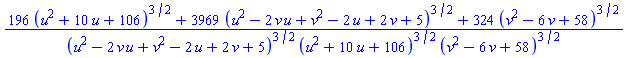 (196*(u^2+10*u+106)^(3/2)+3969*(u^2-2*u*v+v^2-2*u+2*v+5)^(3/2)+324*(v^2-6*v+58)^(3/2))/((u^2-2*u*v+v^2-2*u+2*v+5)^(3/2)*(u^2+10*u+106)^(3/2)*(v^2-6*v+58)^(3/2))