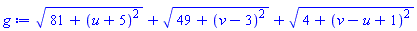 (81+(u+5)^2)^(1/2)+(49+(v-3)^2)^(1/2)+(4+(v-u+1)^2)^(1/2)