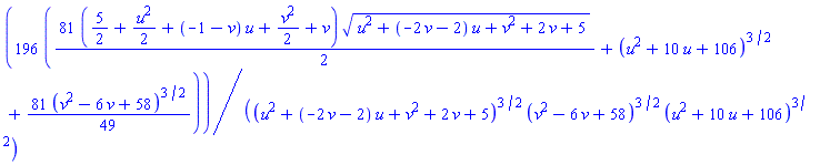 196*((81/2)*(5/2+(1/2)*u^2+(-1-v)*u+(1/2)*v^2+v)*(u^2+(-2*v-2)*u+v^2+2*v+5)^(1/2)+(u^2+10*u+106)^(3/2)+(81/49)*(v^2-6*v+58)^(3/2))/((u^2+(-2*v-2)*u+v^2+2*v+5)^(3/2)*(v^2-6*v+58)^(3/2)*(u^2+10*u+106)^(3/2))