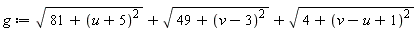 g := sqrt(81+(u+5)^2)+sqrt(49+(v-3)^2)+sqrt(4+(v-u+1)^2)