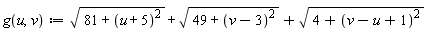 "g(u,v):=sqrt(81+(u+5)^(2))+sqrt(49+(v-3)^(2))+sqrt(4+(v-u+1)^(2))"